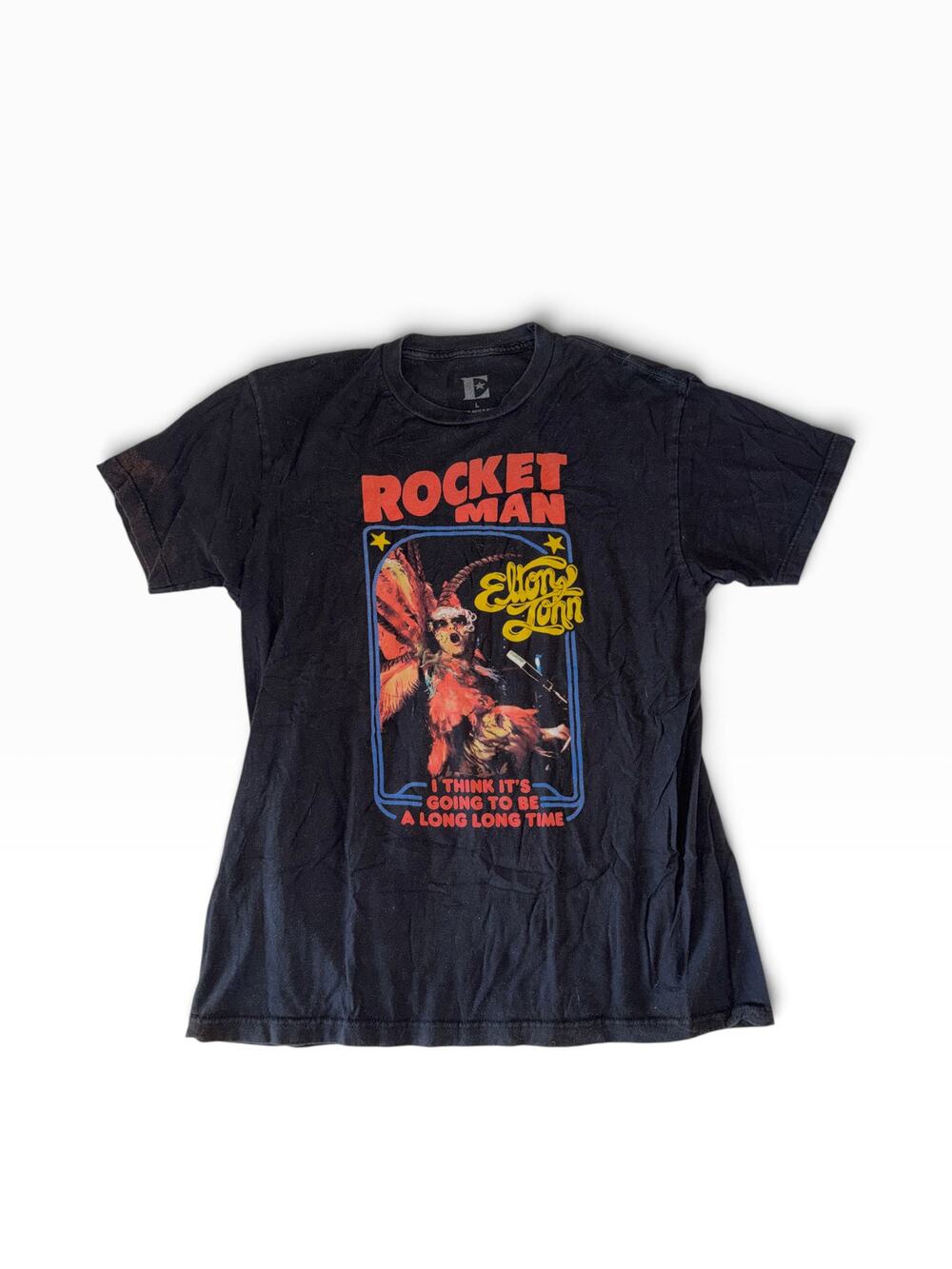Elton John Men's Tee | Black with Red Rocket Man | Size L | Minimal Flaws